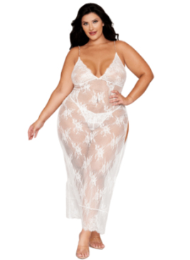 Nuisette longue blanche grande taille en dentelle florale, string assorti - DG13667XWHT